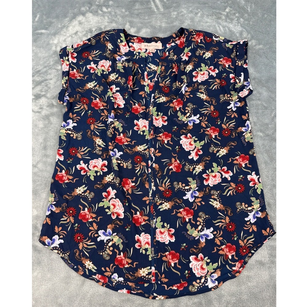 Philosophy Republic Clothing Navy Blue Floral Cap Sleeve Split Neck Blouse Top M